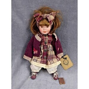 Vintage Boyds Yesterday's Child Kellie Porcelain Doll Burgundy Plaid Outfit